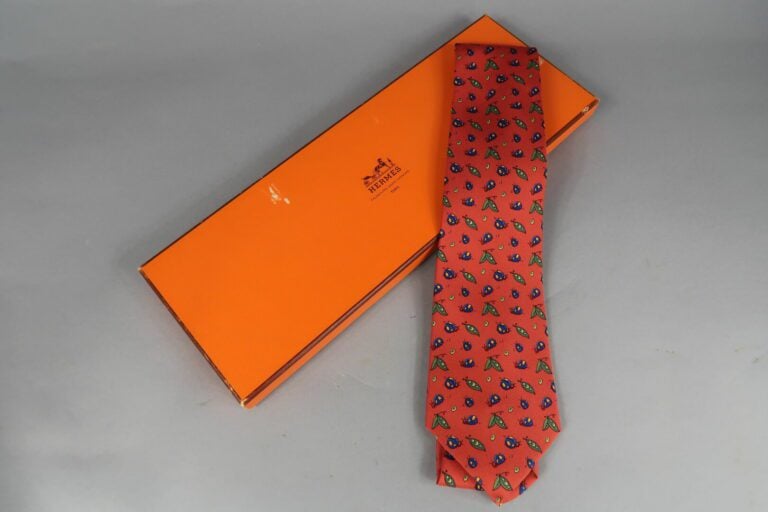 HERMES Paris - Cravate en soie à motif de coccinelles et cosses de pois - Avec…