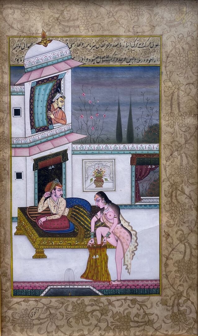 Inde, XXe siècle - Miniatures érotiques - Double page de manuscrit, gouache sur…