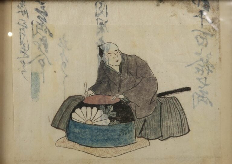 Japon - Lot de trois petites estampes découpées et encadrées représentant une g…