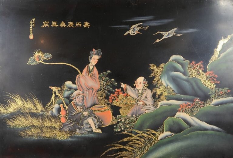 Japon - Personnages dans un paysage rocheux survolé par des grues. - Panneau en…