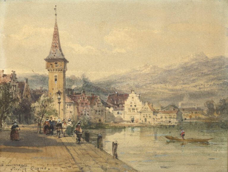 Justin Pierre OUVRIÉ (1806-1879) - Bord de lac - Aquarelle sur papier, situé en…