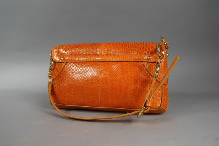 Sergio ROSSI - Petit sac 25 cm en serpent orange, fermeture à rabat par pressio…