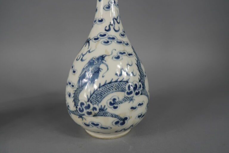 Vietnam - Paires de vases bouteille en porcelaine bleu blanc à décor d'un drago…