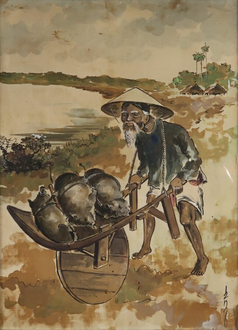 Vietnam - Paysan - Peinture sur soie - Signée en bas à gauche - 40 x 28.5 cm -…