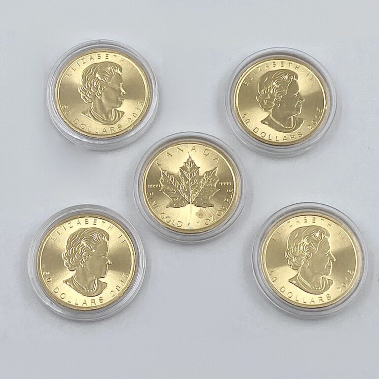 Ensemble de 5 pièces de 50 dollars canadiens en or 999 ‰ de type " Elisabeth II…