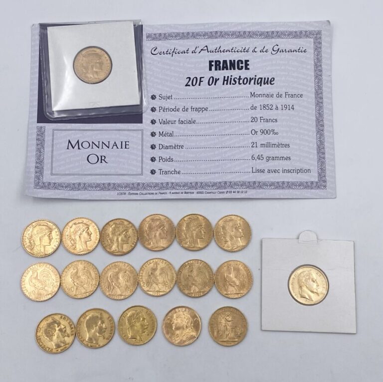 Lot de 19 pièces de 20 Francs or 900 ‰ comprenant : - - - 2 Pièces de 20 Francs…