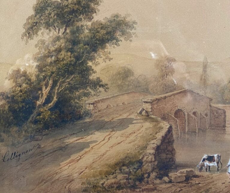 COLLIGNONT (XXe siècle) - Paysage au pont - Aquarelle sur papier - Dim (à vue)…