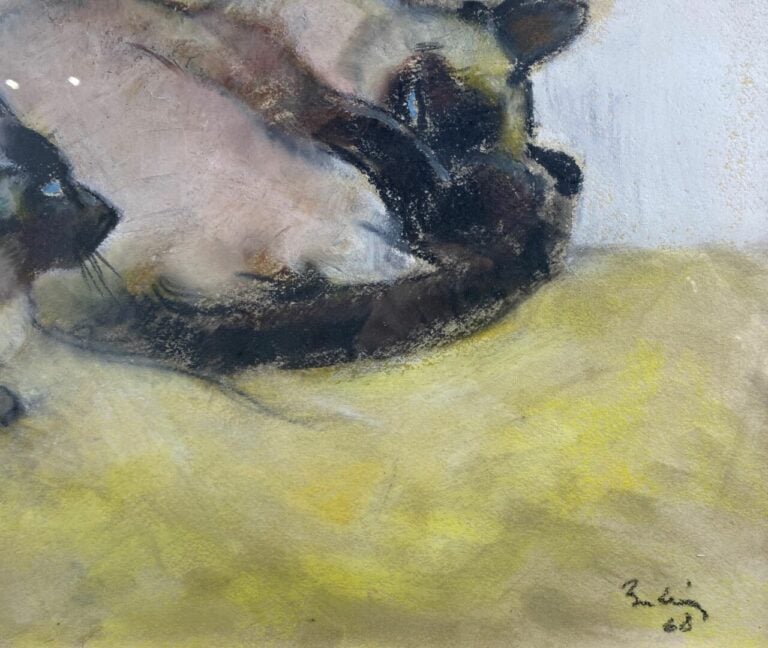 Ecole du XXe siècle - Composition aux chats - Pastel sur papier - Trace de sign…
