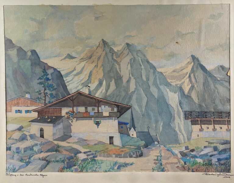 Ecole du XXe siècle - Paysage de montagne - Aquarelle sur papier - Trace de sig…