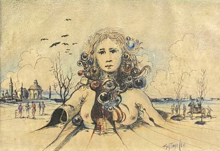 Ecole du XXe siècle - Composition surréaliste et buste feminin - Crayon de coul…