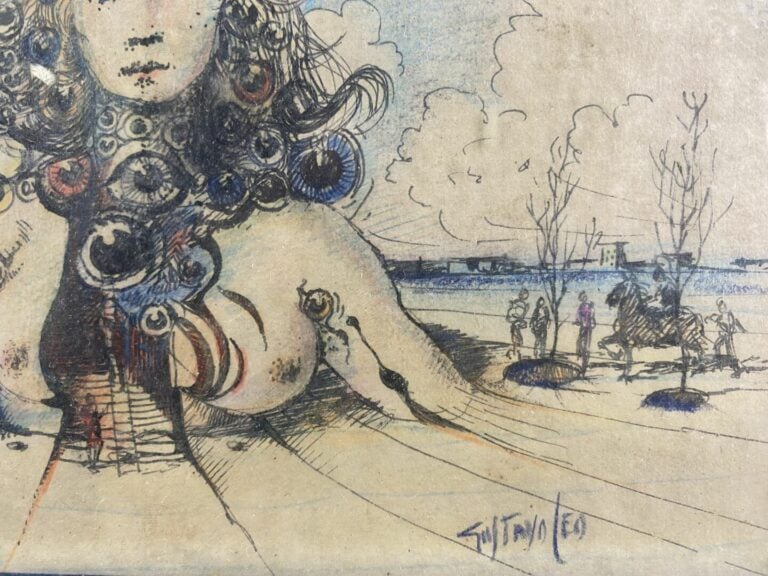 Ecole du XXe siècle - Composition surréaliste et buste feminin - Crayon de coul…