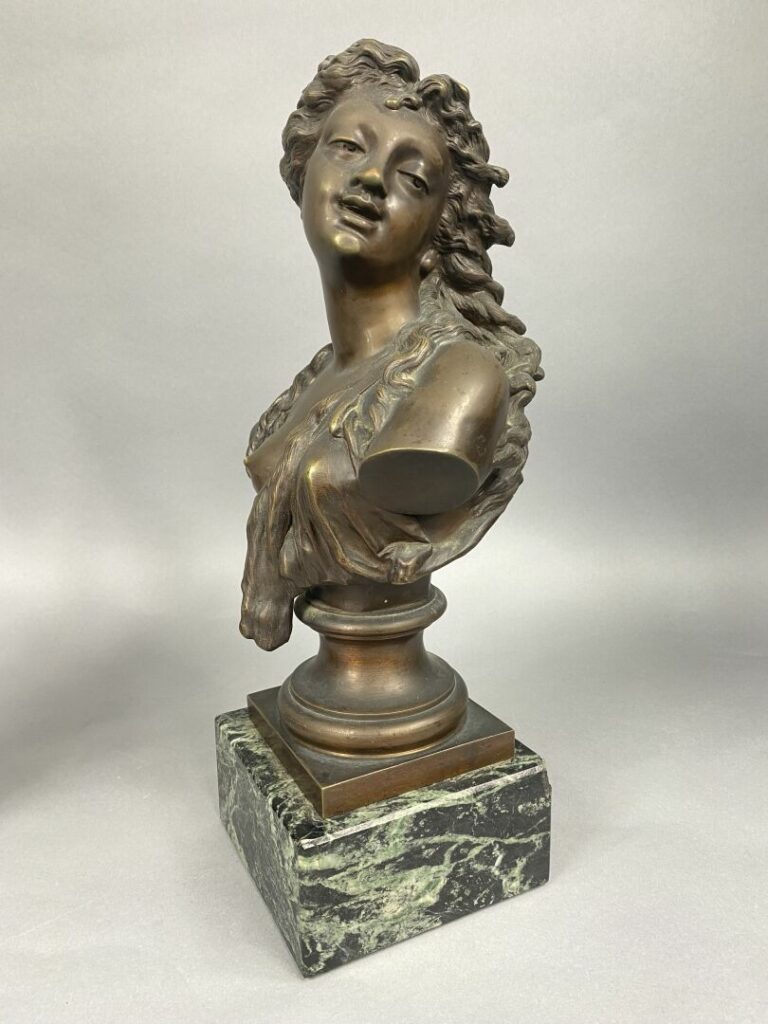 Paire de bustes, Jeune femme et Satyre - Epreuves en bronze à patine brune posa…