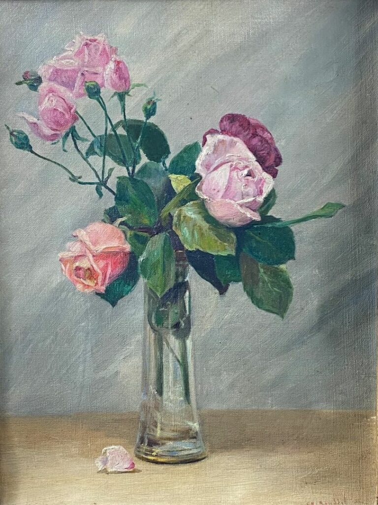 Ch. ROUDDEL (XXe siècle) - Composition aux roses - Huile sur toile, signée en b…