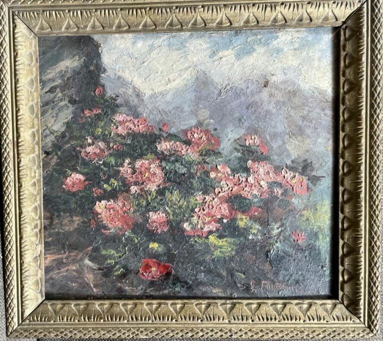 Ecole XXème - Massif de fleurs dans un paysage montagneux - Huile sur panneau -…