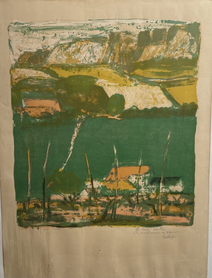 Cathelin, Composition paysage en vert, signée, dédicacée à Line Vautrin et anno…