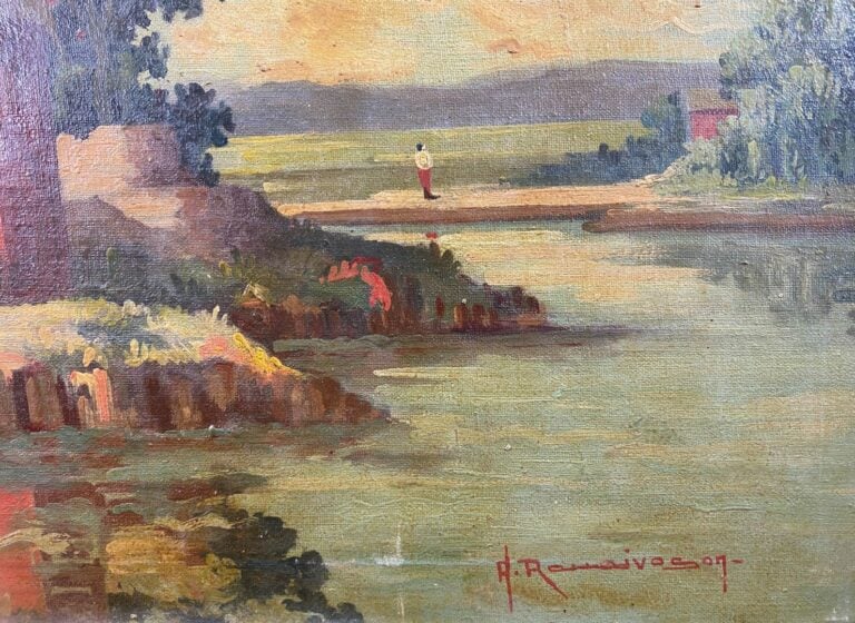 A. ROMAIVOSON (XXe siècle) - Bord de rivière - Huile sur toile signée - 36 x 52…