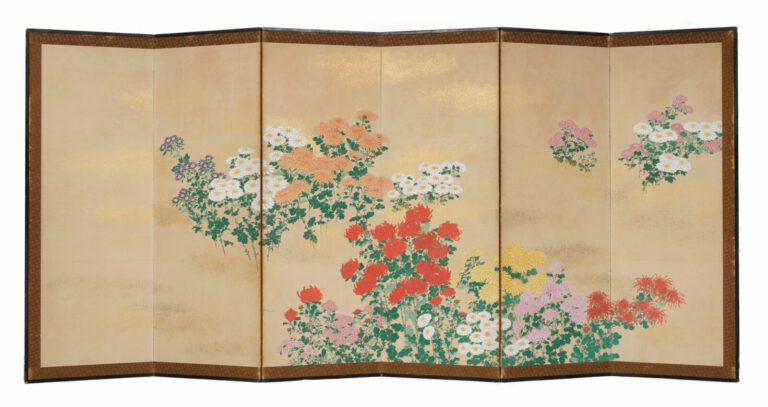 Grand paravent byobu à 6 panneaux avec une peinture représentant des fleurs de…