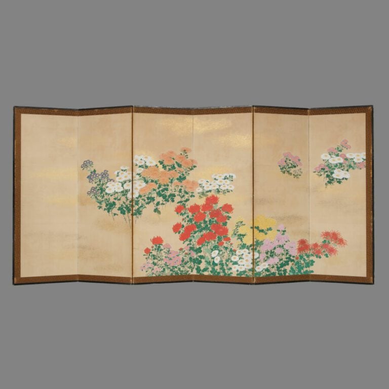 Grand paravent byobu à 6 panneaux avec une peinture représentant des fleurs de…