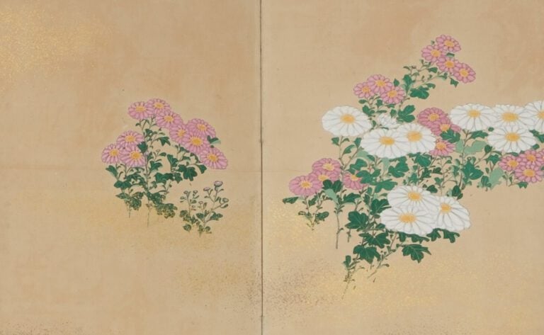 Grand paravent byobu à 6 panneaux avec une peinture représentant des fleurs de…