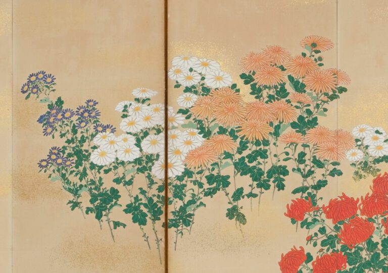 Grand paravent byobu à 6 panneaux avec une peinture représentant des fleurs de…