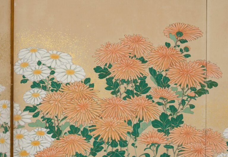 Grand paravent byobu à 6 panneaux avec une peinture représentant des fleurs de…
