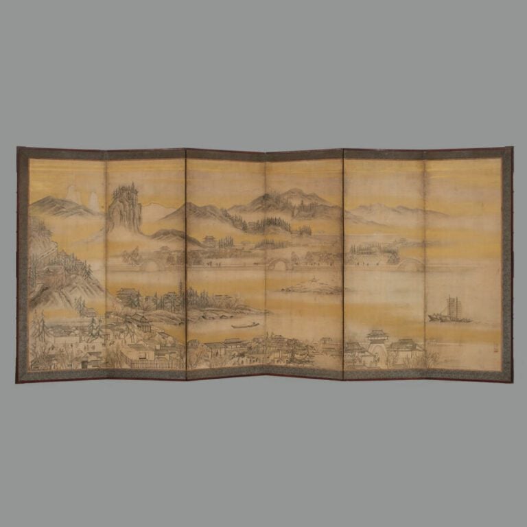 Grand paravent byôbu (diviseur de pièce) à six panneaux avec une peinture repré…