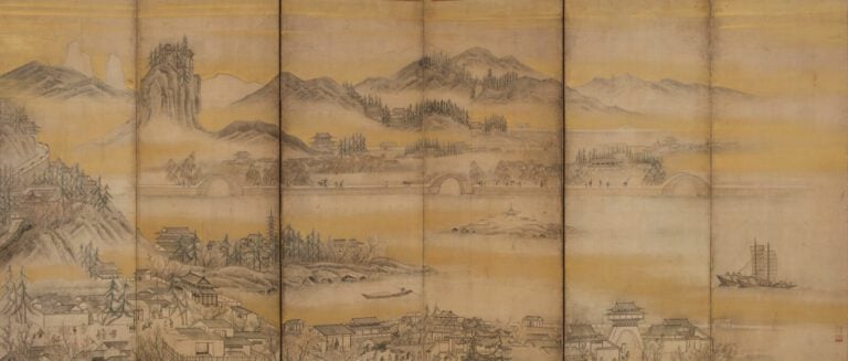 Grand paravent byôbu (diviseur de pièce) à six panneaux avec une peinture repré…