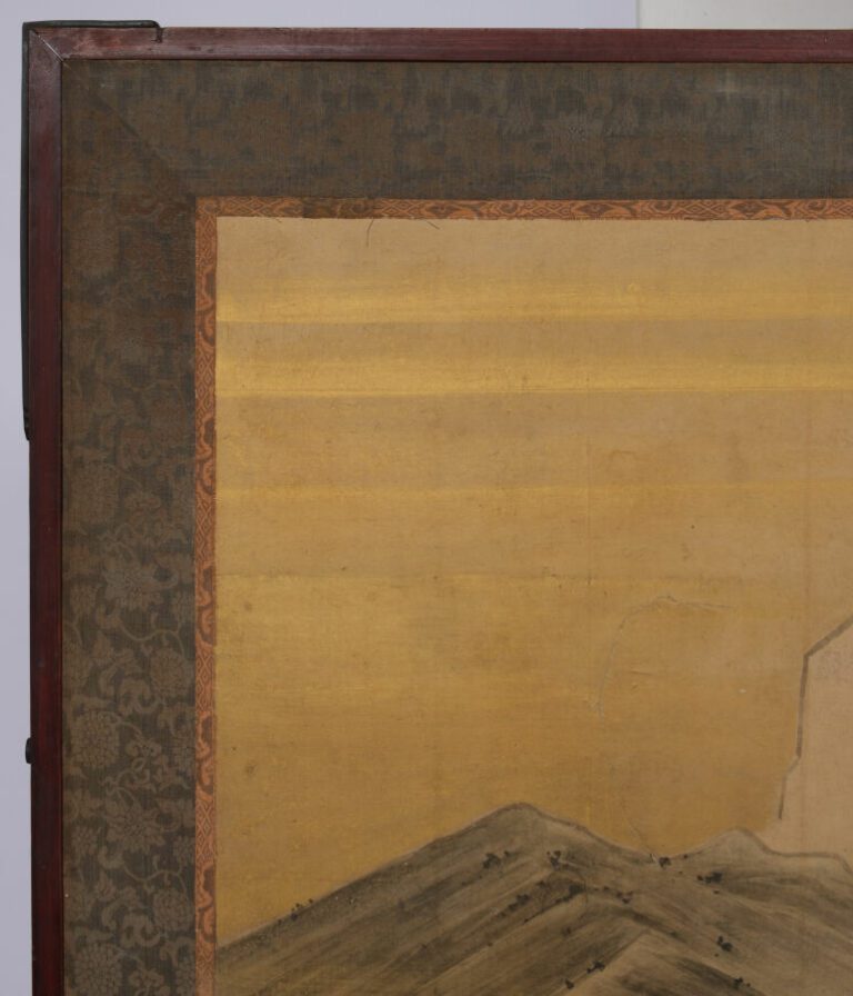 Grand paravent byôbu (diviseur de pièce) à six panneaux avec une peinture repré…