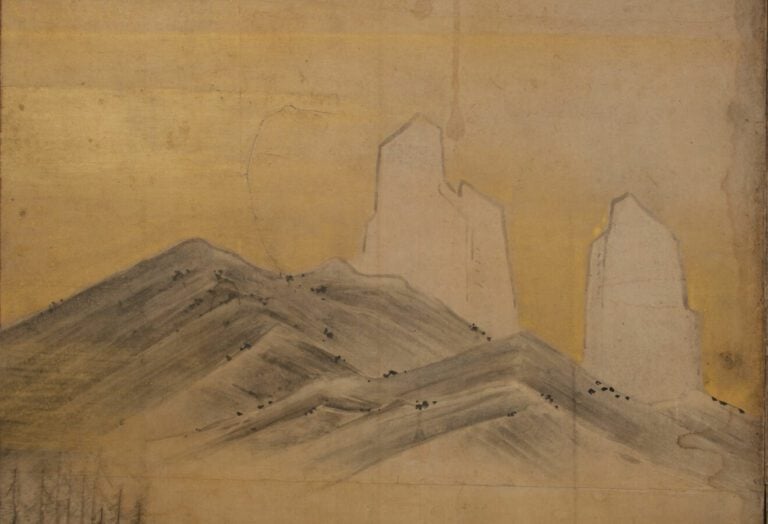 Grand paravent byôbu (diviseur de pièce) à six panneaux avec une peinture repré…