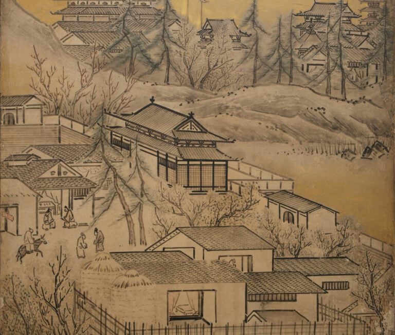 Grand paravent byôbu (diviseur de pièce) à six panneaux avec une peinture repré…