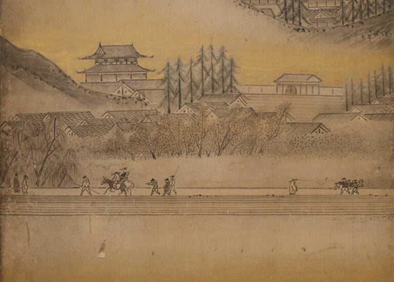 Grand paravent byôbu (diviseur de pièce) à six panneaux avec une peinture repré…
