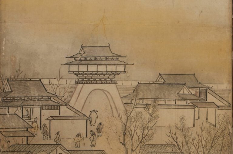 Grand paravent byôbu (diviseur de pièce) à six panneaux avec une peinture repré…