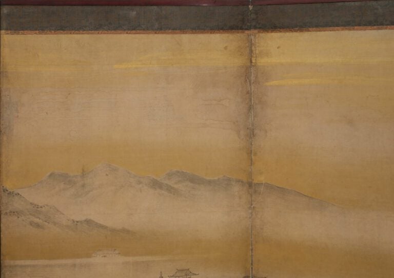 Grand paravent byôbu (diviseur de pièce) à six panneaux avec une peinture repré…