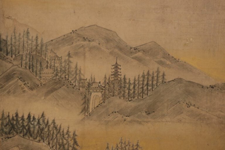 Grand paravent byôbu (diviseur de pièce) à six panneaux avec une peinture repré…