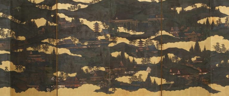 Grand paravent byôbu (séparateur de pièce) très détaillé à six panneaux avec un…