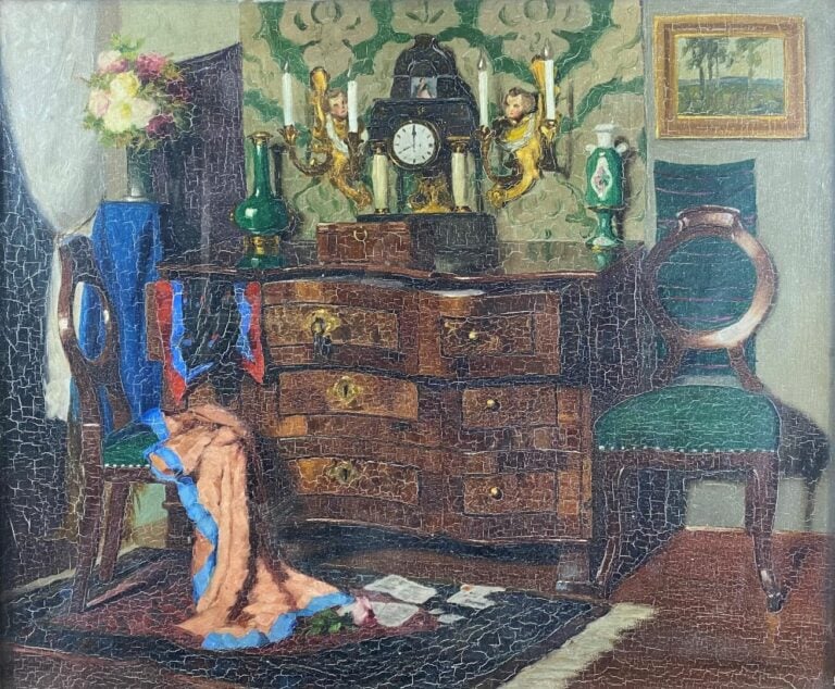 Ecole du XXe siècle - Scène d'intérieur - Huile sur toile - 55 x 69 cm - (usure…