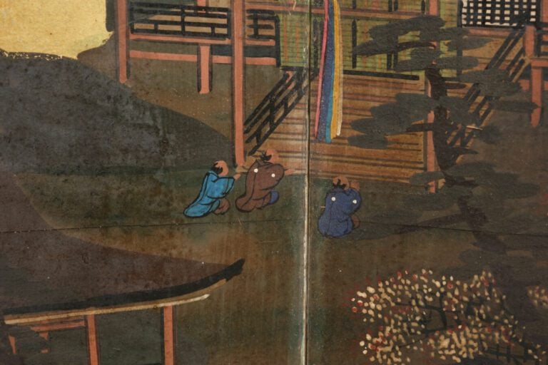 Grand paravent byôbu (séparateur de pièce) très détaillé à six panneaux avec un…