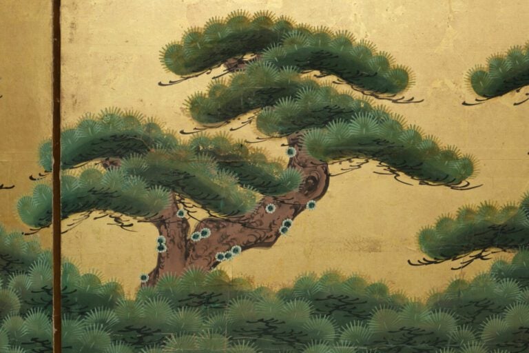Paravent byôbu (diviseur de pièce) à six panneaux avec une peinture représentan…