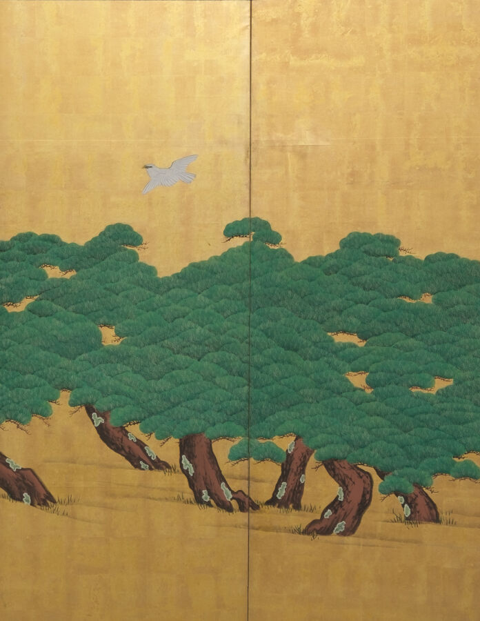 Grand paravent byôbu (séparateur de pièce) à six panneaux à une peinture détail…
