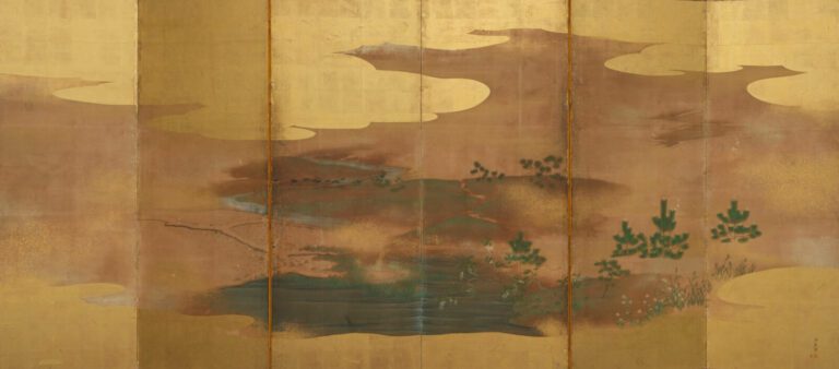 Paravent Byôbu (séparateur de pièce) à six panneaux avec une peinture de l'écol…