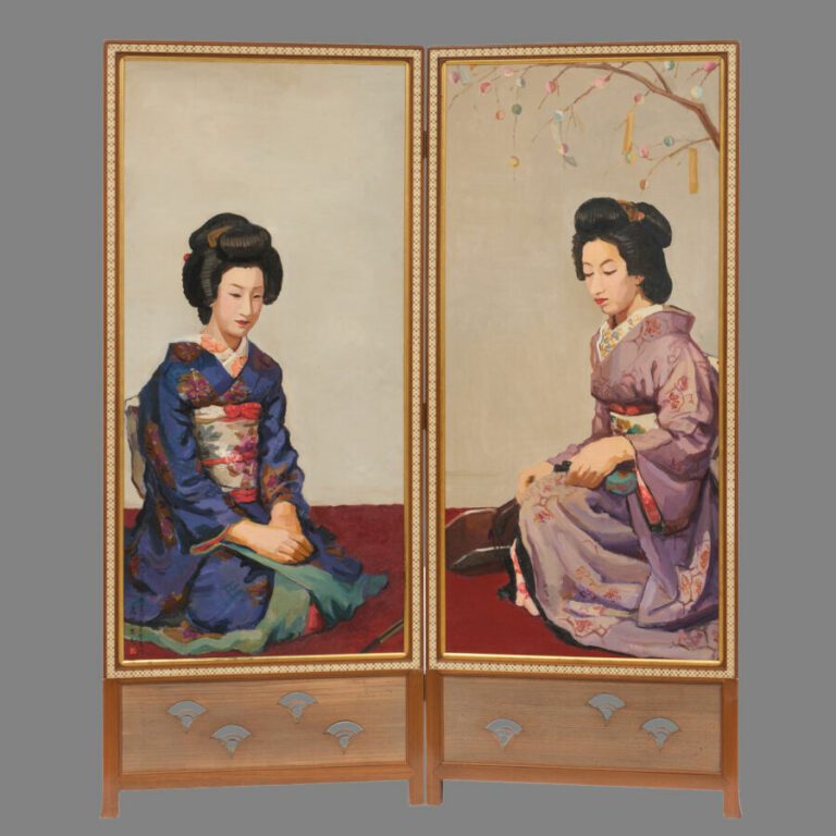 Paravent à deux panneaux (byobu) par Tadao Morishima (1908-1972) : peinture à l…