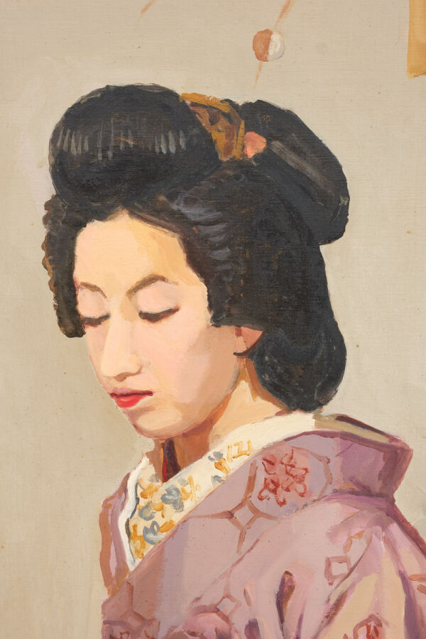 Paravent à deux panneaux (byobu) par Tadao Morishima (1908-1972) : peinture à l…