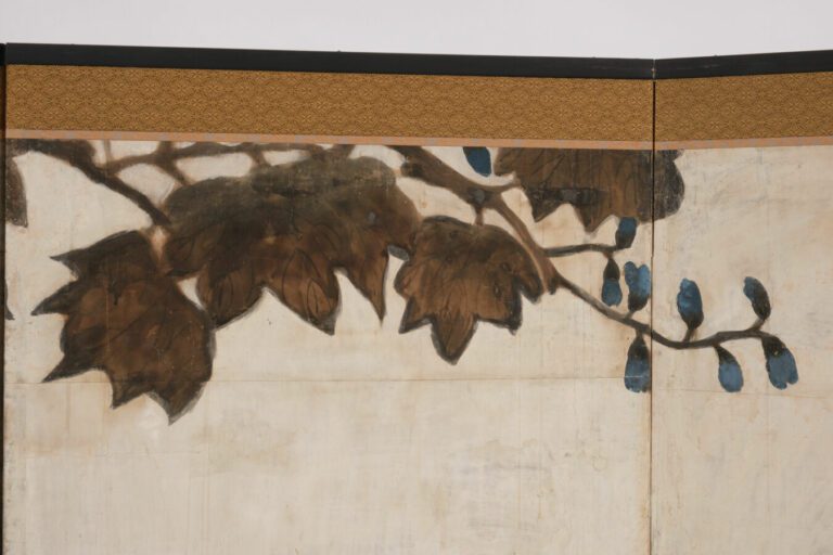 Grand paravent byôbu (séparateur de pièce) à six panneaux à peinture représenta…