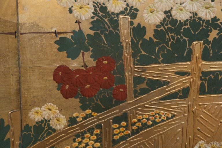 Grand paravent byôbu (diviseur de pièce) à six panneaux à peinture continue de…