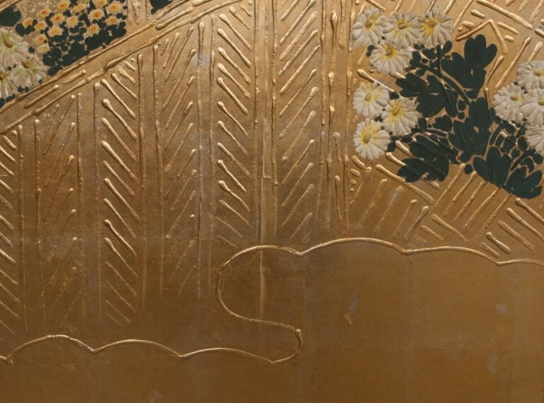 Grand paravent byôbu (diviseur de pièce) à six panneaux à peinture continue de…