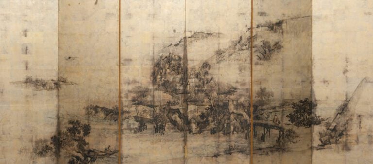 Grand paravent byôbu (séparateur de pièce) à six panneaux à peinture de l'école…