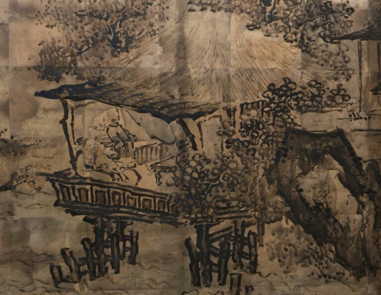 Grand paravent byôbu (séparateur de pièce) à six panneaux à peinture de l'école…