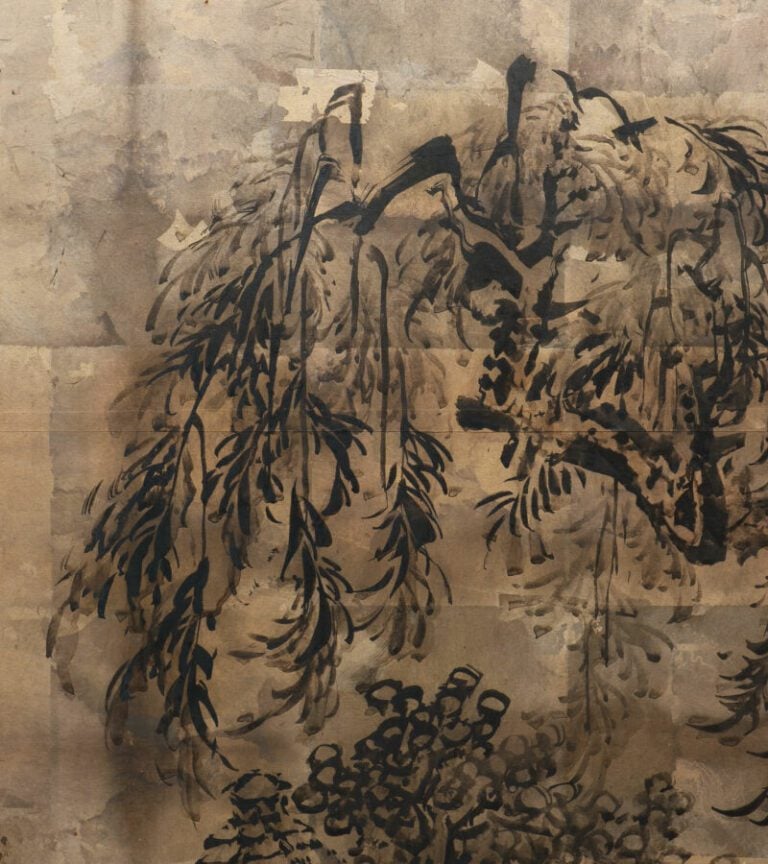 Grand paravent byôbu (séparateur de pièce) à six panneaux à peinture de l'école…