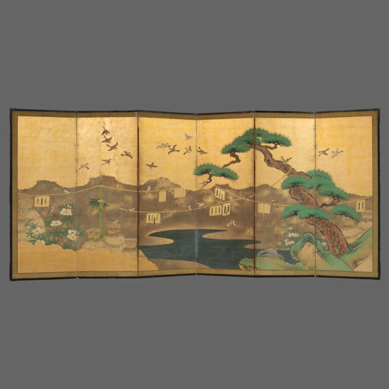 Paravent Byôbu (séparateur de pièce) à six panneaux avec une peinture à décor d…