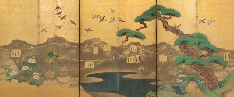 Paravent Byôbu (séparateur de pièce) à six panneaux avec une peinture à décor d…